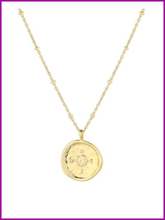 Jewelry - Compass Coin Pendant Necklace - 18k Gold Plated - Adjustable 17-19 inch Chain
